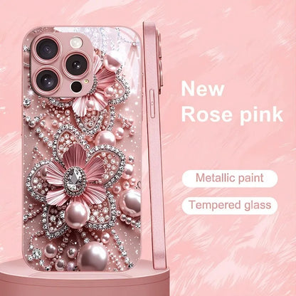 Pink Pearl Diamond Floral Pattern Pink Metallic Glass Phone Case For iPhone