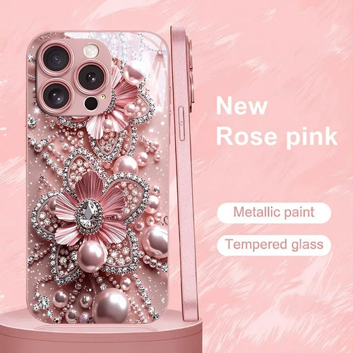 Pink Pearl Diamond Floral Pattern Pink Metallic Glass Phone Case For iPhone