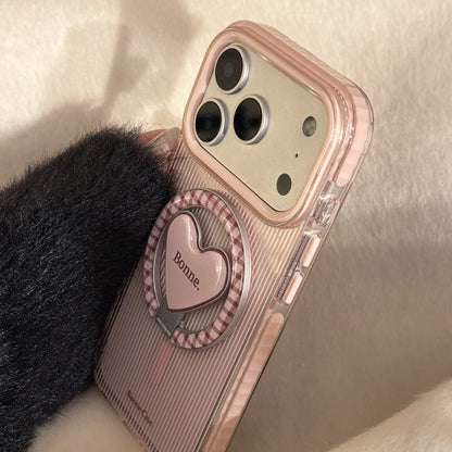 Korean Pink Striped With Plaid Love Heart Bracket Magnetic Phone Case For iPhone