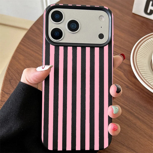 Pink Black Vertical Stripe Leather Texture Phone Case For iPhone