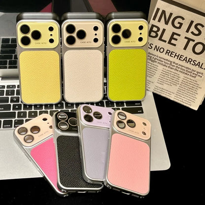 Creative Large Window Color Blocking PU Leather Case For iPhone Glass Lens Protective Cover Fundas