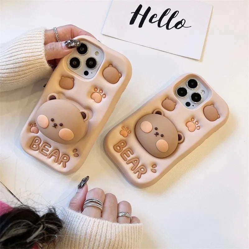 Cheek Color Bear Grip Tok Holder 3D Cartoon Silicon Soft Phone Case For iPhone