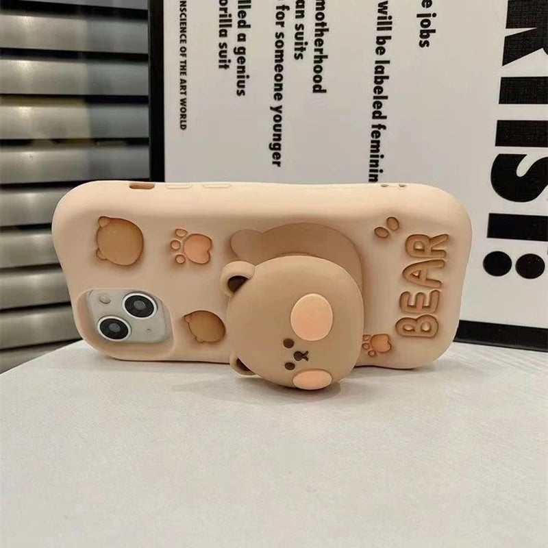 Cheek Color Bear Grip Tok Holder 3D Cartoon Silicon Soft Phone Case For iPhone