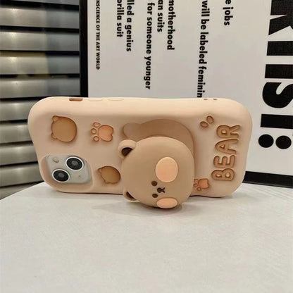 Cheek Color Bear Grip Tok Holder 3D Cartoon Silicon Soft Phone Case For iPhone