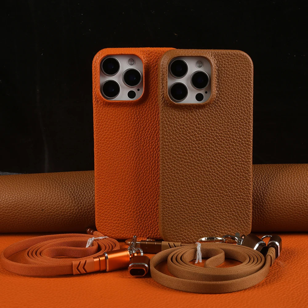 Versatile Lanyard Charging Cable Genuine Leather Phone Case For iPhone