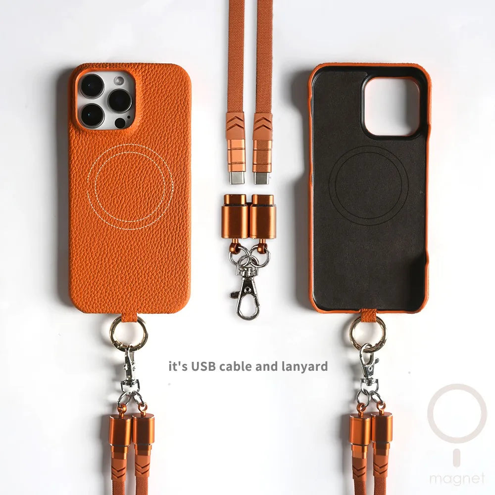 Versatile Lanyard Charging Cable Genuine Leather Phone Case For iPhone