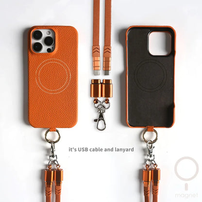 Versatile Lanyard Charging Cable Genuine Leather Phone Case For iPhone