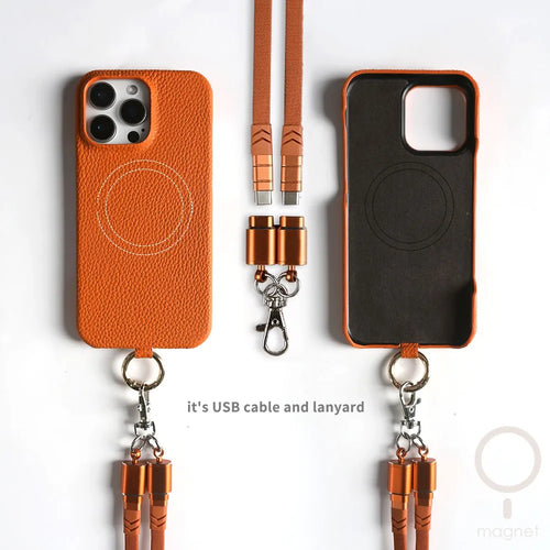 Versatile Lanyard Charging Cable Genuine Leather Phone Case For iPhone