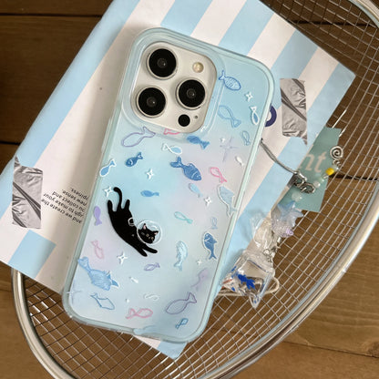 Cute Dreamy Gradient Blue Fish & Astronaut Cat Phone Case with Dangle For iPhone