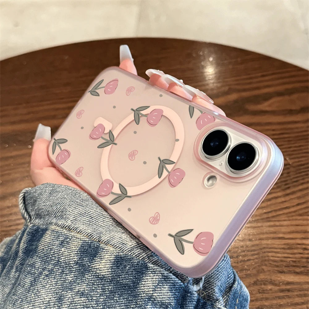 Pink Tulip Heart Tiny Dot Print Wireless Charging Phone Case For Magsafe iPhone