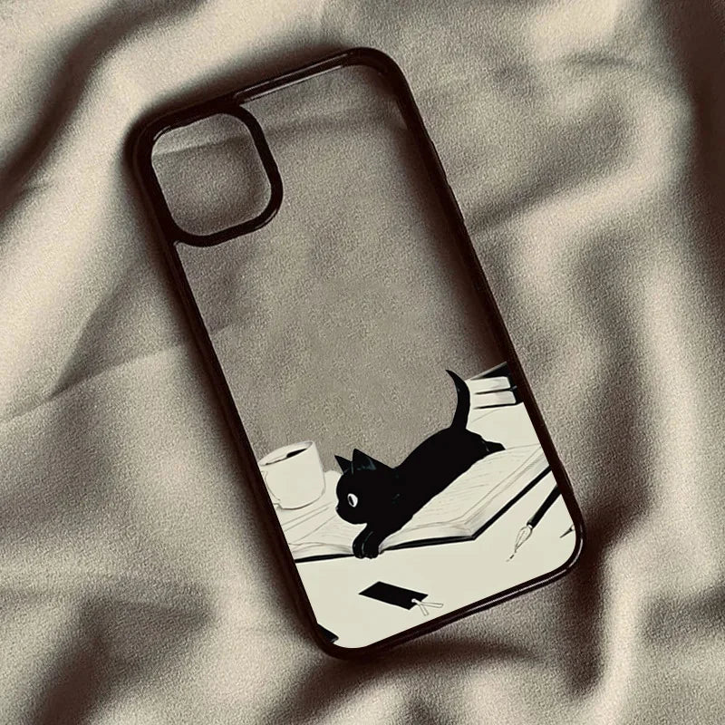 Cute Black Cat Pattern Hard Clear Phone Case For iPhone