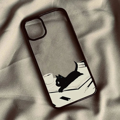 Cute Black Cat Pattern Hard Clear Phone Case For iPhone