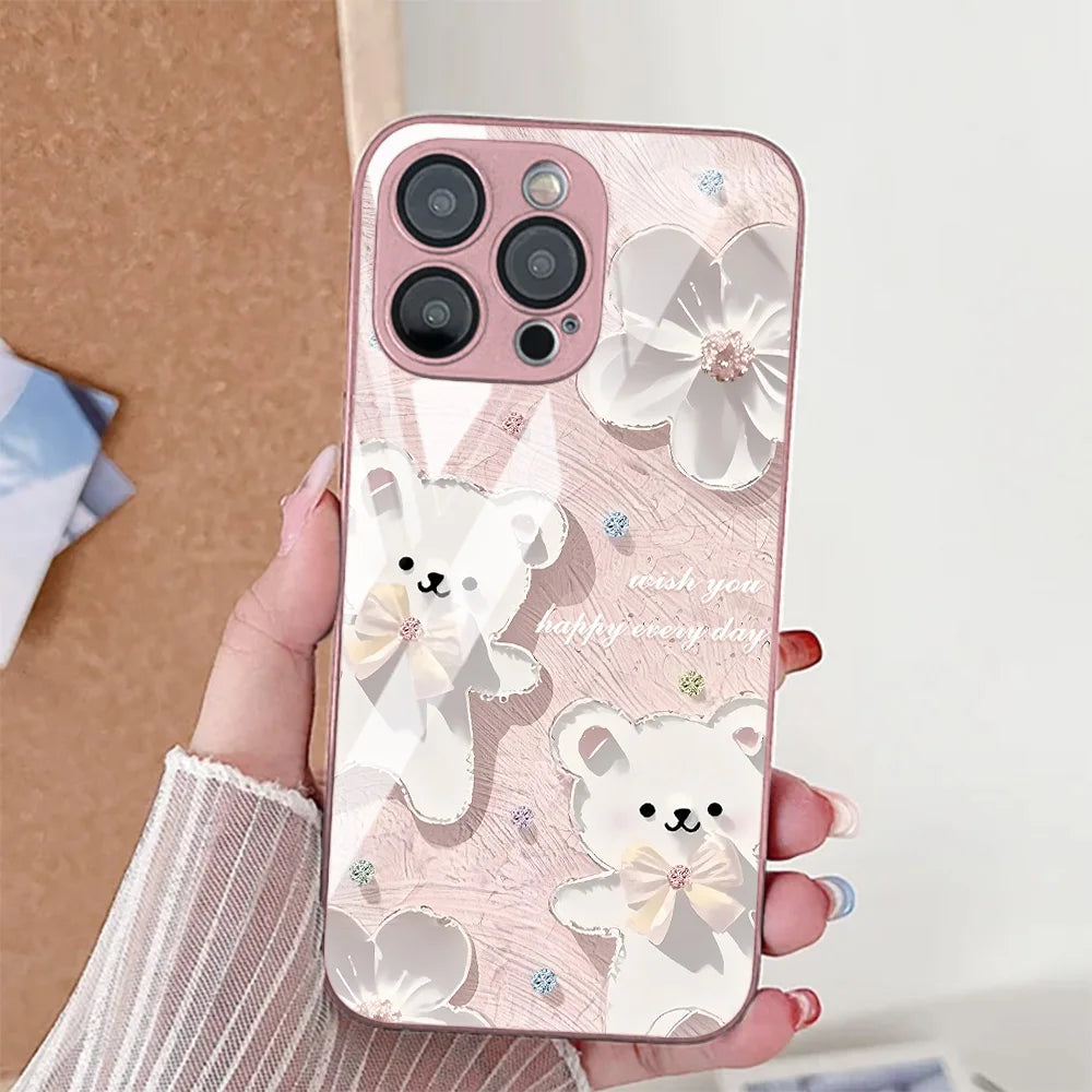 Cute Cat Phone Case For iPhone  Tempered Glass Shockproof Cover