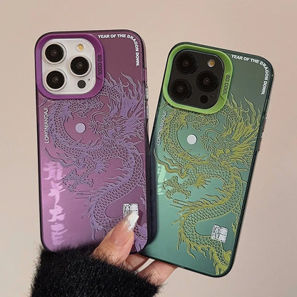 Luxury Dragon Embossed Phone Case For iPhone Pink Purple Green Black White Shockproof Phone Cover
