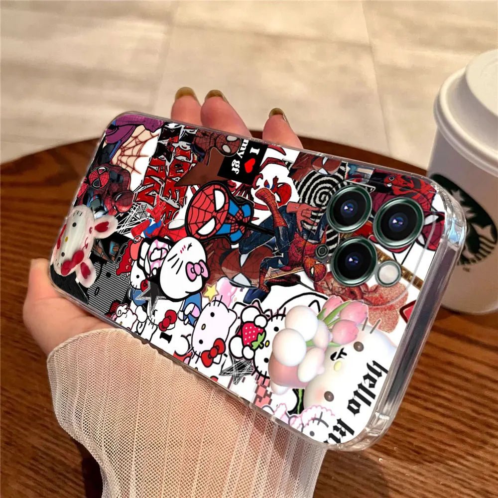 Spider Man Hellos Kittys Transparent Phone Case For iPhone