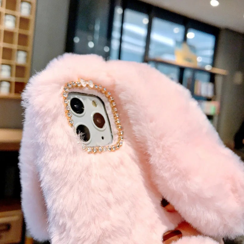 Plush Warm Case For iPhone Cute Long Rabbit Ears Furry Fluffy Fur Cover