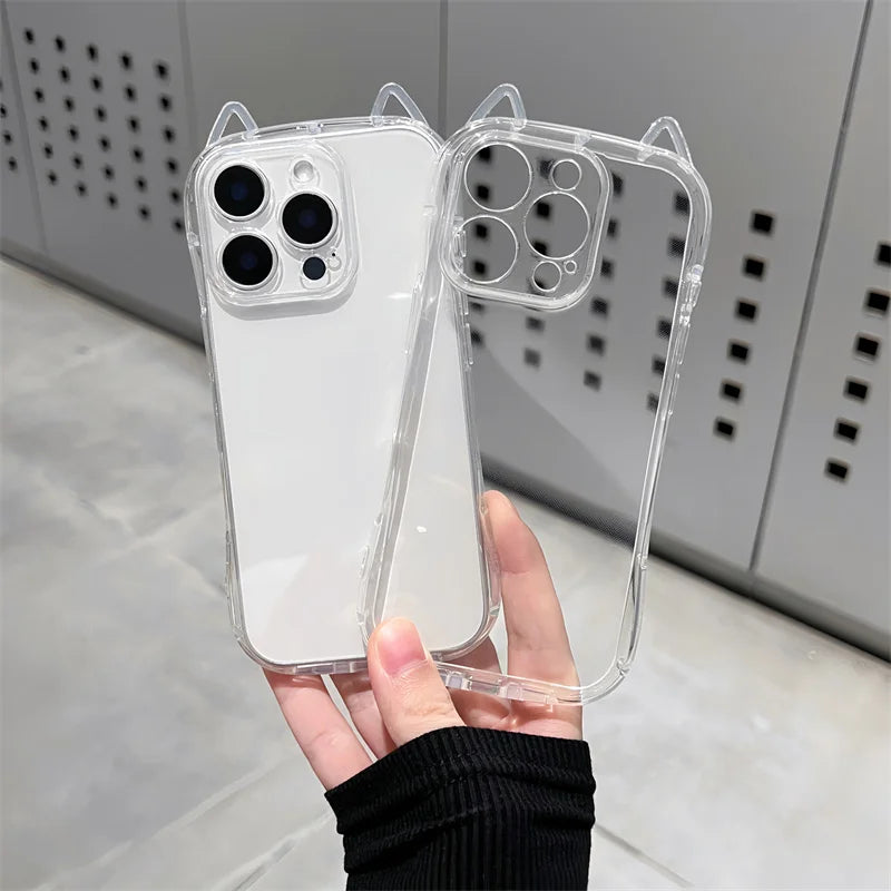 Cute Cat Ears Transparent Phone Case For iPhone Soft Clear Back Cover Shell