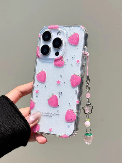 Glitter Strawberry With 3D Dangle Shockproof Cute Phone Case