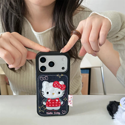 Luxury Denim Leather Pattern Cartoon Hello Kitty Case For iPhone Love Heart Stars Style Cover