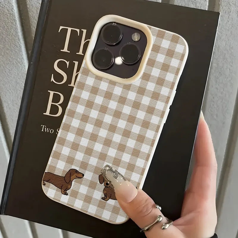 Dachshund Plaid Phone Case For iPhone Brown Checkerboard Two Dogs Design Leather Soft Cover