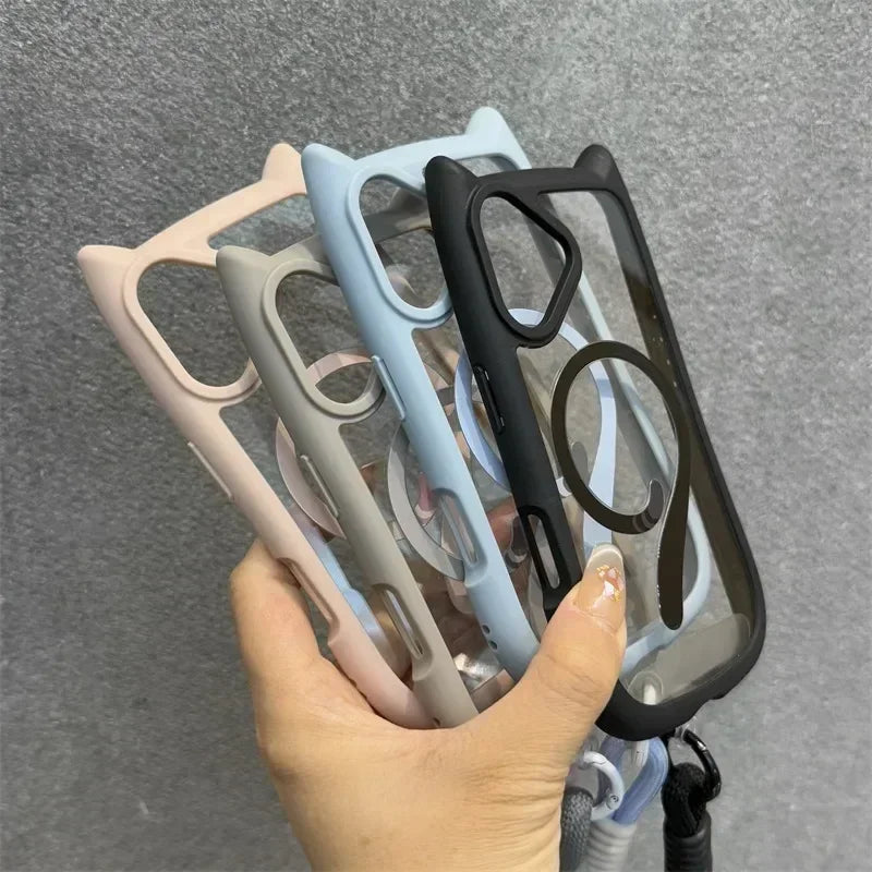 Cartoon Cat Ear Magnetic Lanyard Case Wristband Clear Soft Border Cover For iPhone