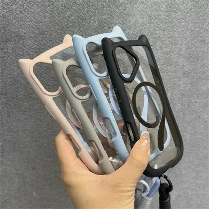 Cartoon Cat Ear Magnetic Lanyard Case Wristband Clear Soft Border Cover For iPhone