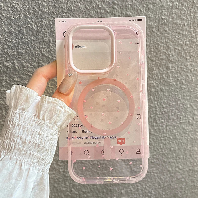 Pink Stars Magnetic Wireless Charge Clear Soft Phone Case