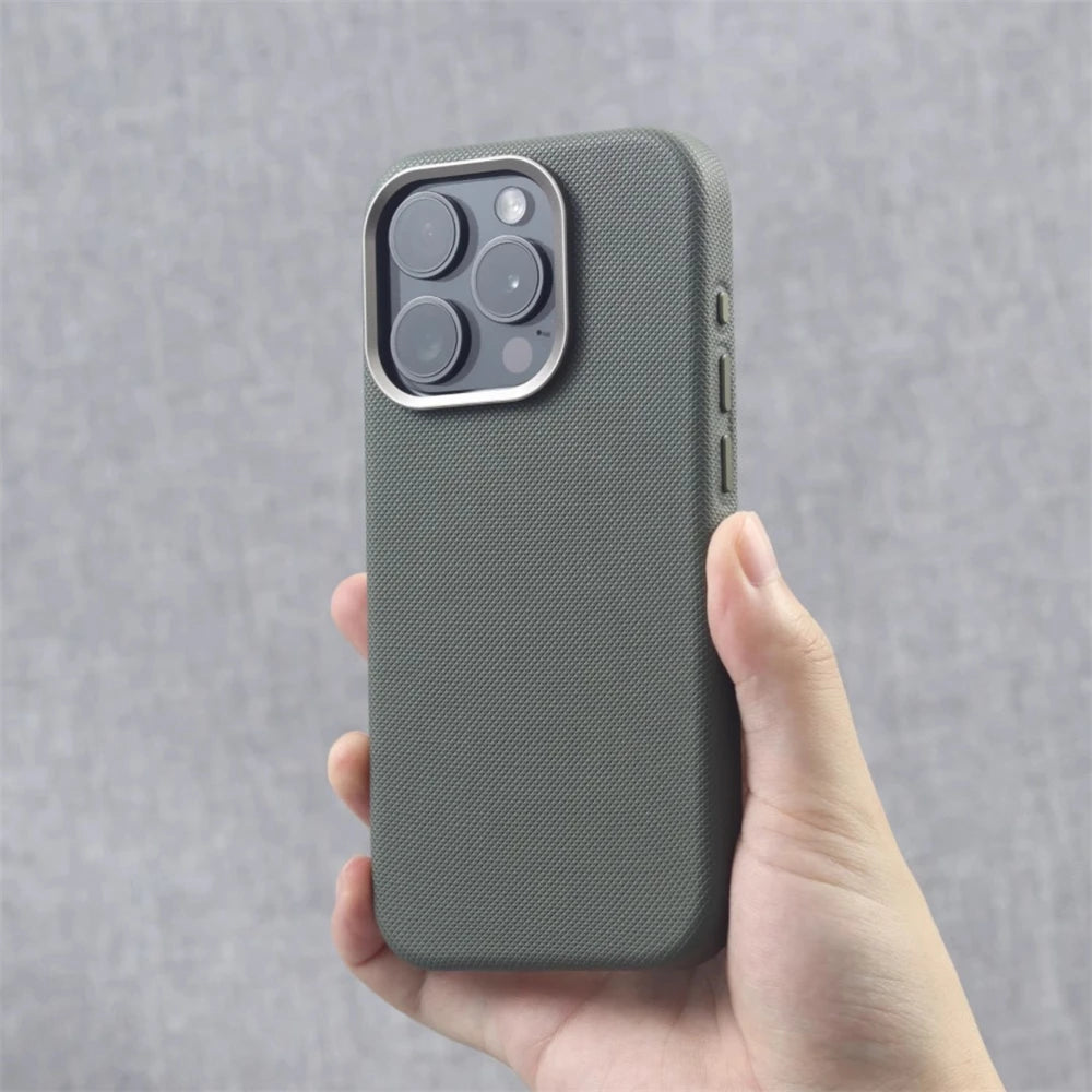 Luxury Alloy Lens Frame Particle PU Leather Magnetic Case For iPhone