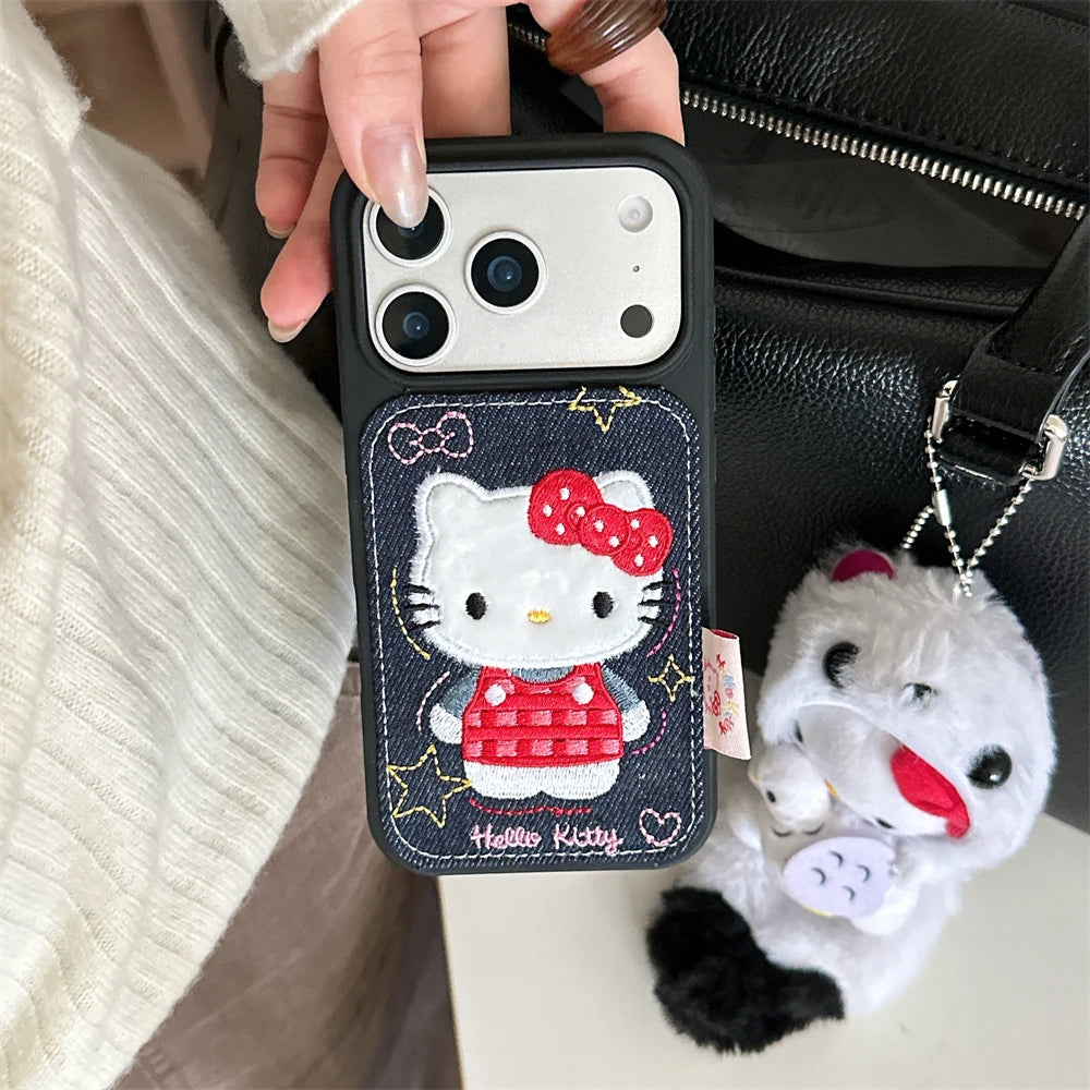 Luxury Denim Leather Pattern Cartoon Hello Kitty Case For iPhone Love Heart Stars Style Cover