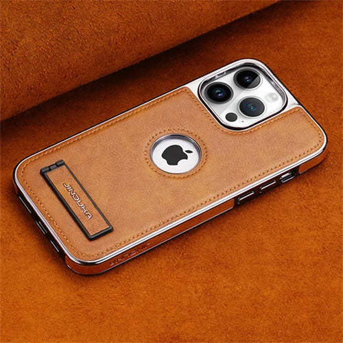 Luxury Plating Bumper Leather Folding Kickstand Phone Case For iPhone