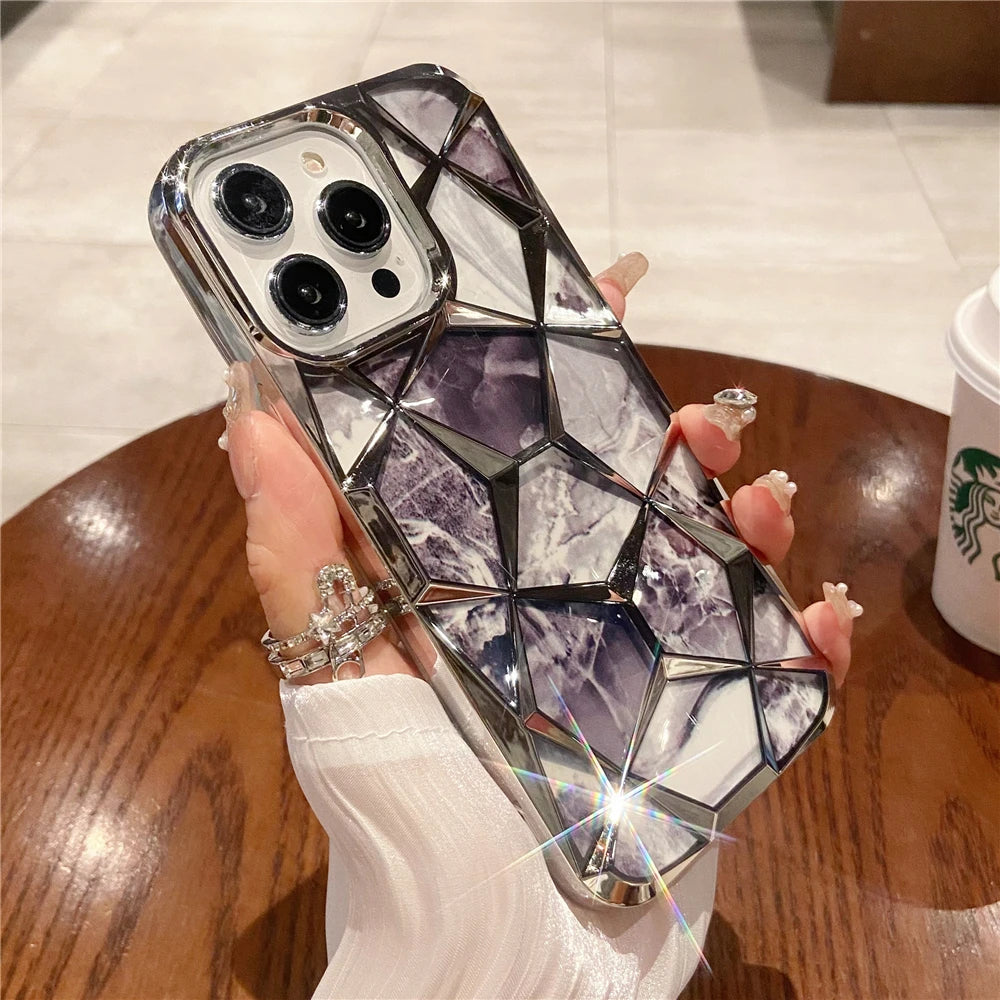 Plating Glitter Diamond Pattern Colorful Marble Phone Case For iPhone