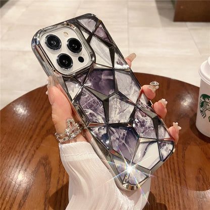 Plating Glitter Diamond Pattern Colorful Marble Phone Case For iPhone