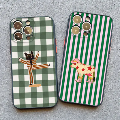 Simple Cute Green And White Plaid Animal Phone Case For Iphone