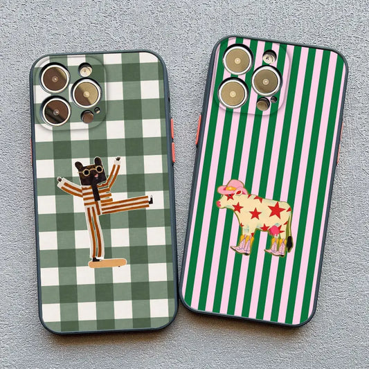 Simple Cute Green And White Plaid Animal Phone Case For Iphone