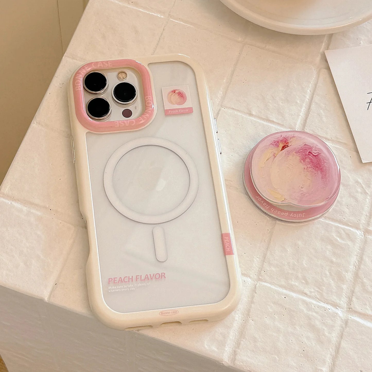 Korean Cute Peach Holder Magsafe Magnetic Clear Phone Case For iPhone