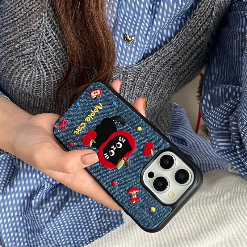 Embroidered Kitten Denim Phone Case