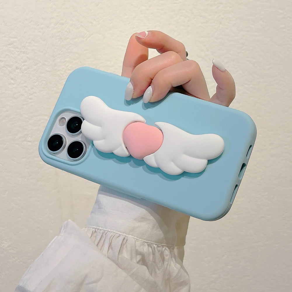 Kawaii 3D Angel Wings Soft Silicone Case With Stand Holder Cover Phone Case