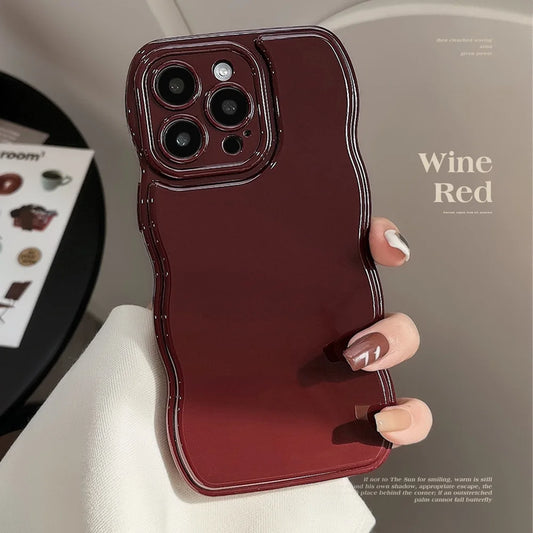 Vintage Burgundy Wavy Edge Case For iPhone Solid Color Soft Shockproof Cover