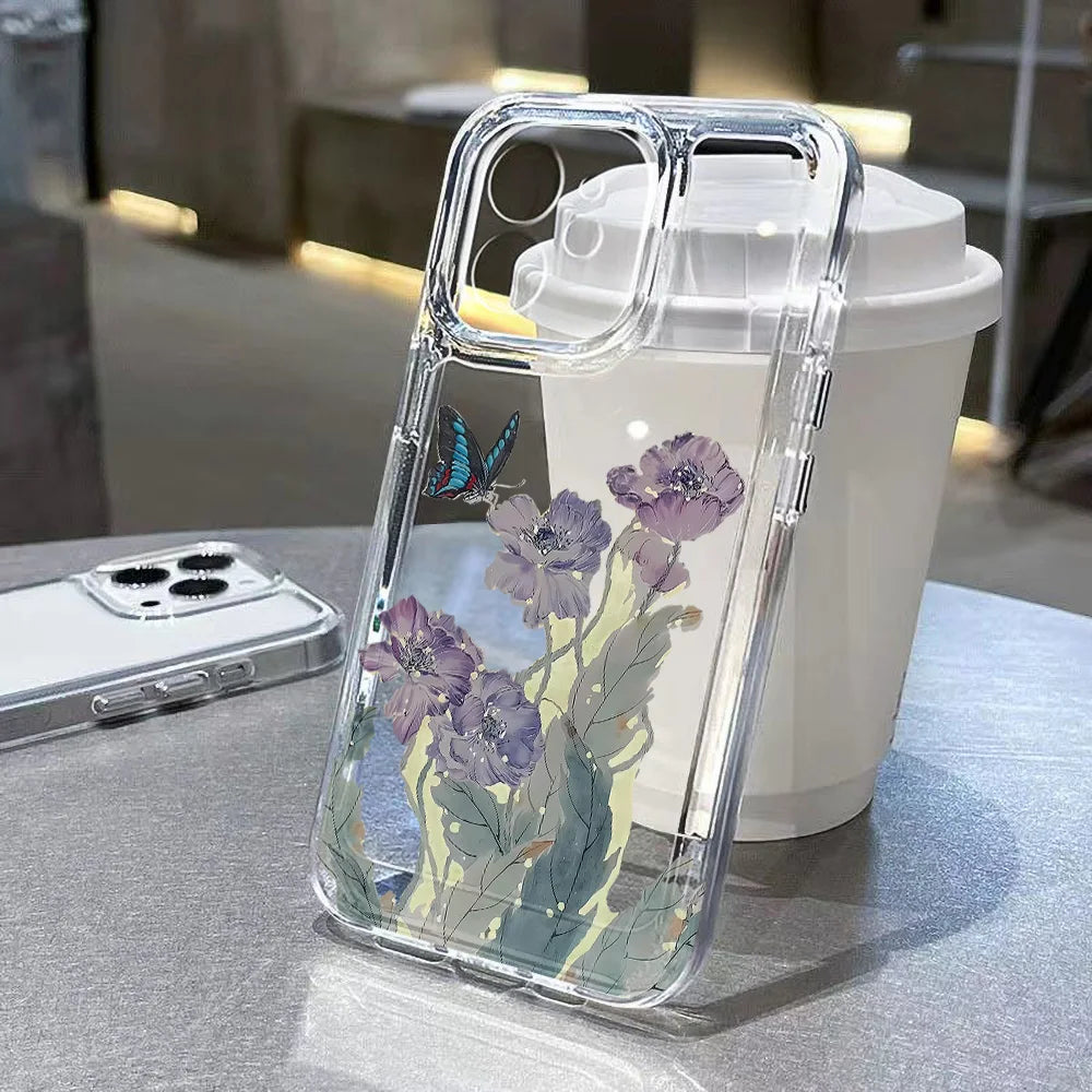 Purple Flower Phone Case For iPhone Shockproof Soft Clear Cover
