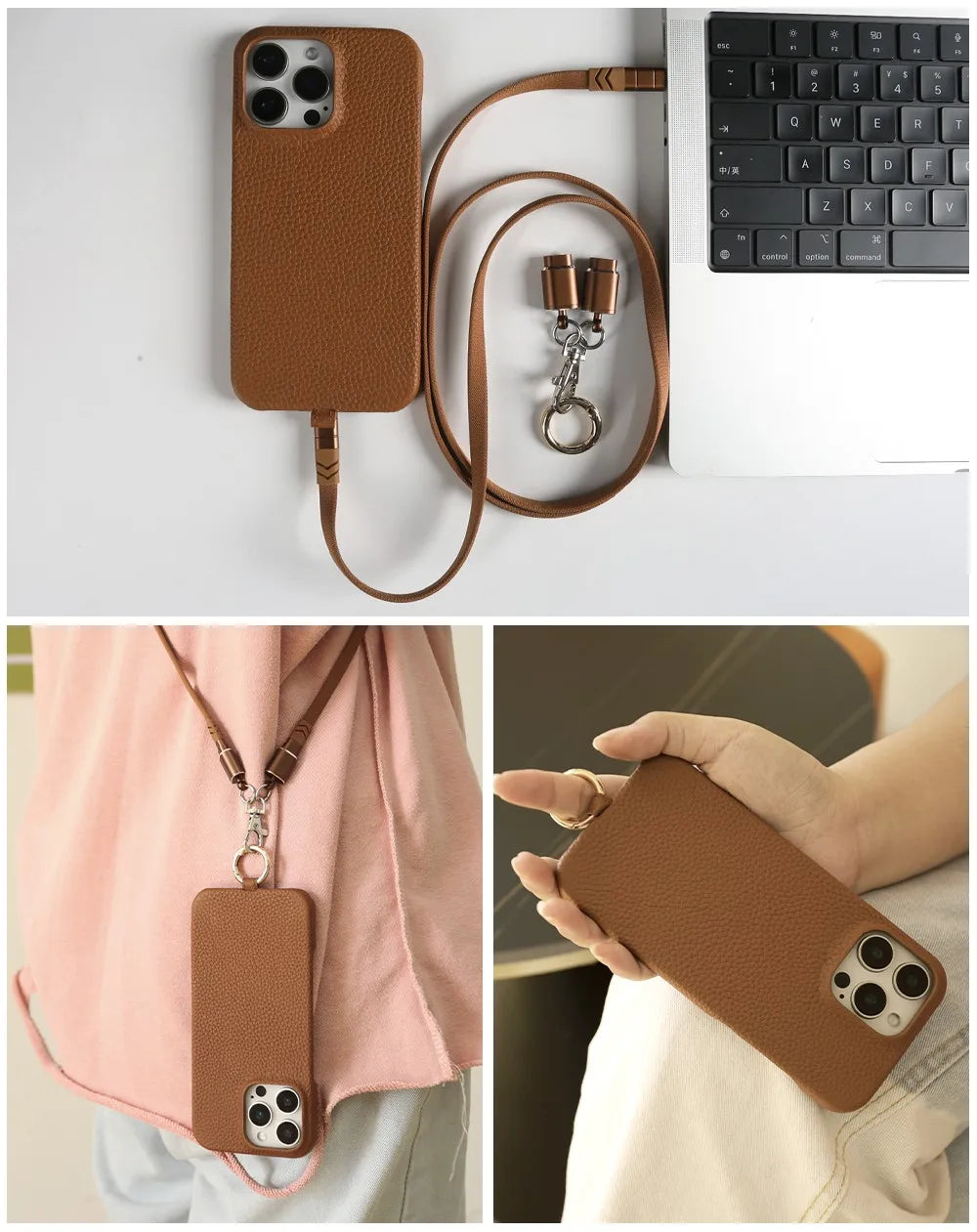 Versatile Lanyard Charging Cable Genuine Leather Phone Case For iPhone