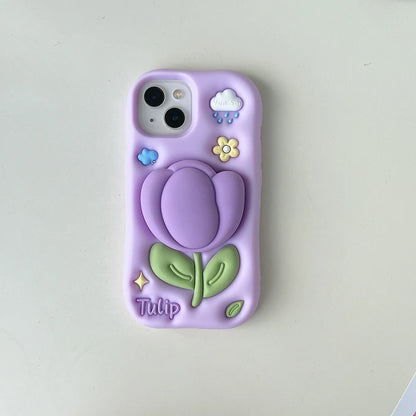 Kawaii Summer Floral Tulip Bracket Soft Silicone Phone Case