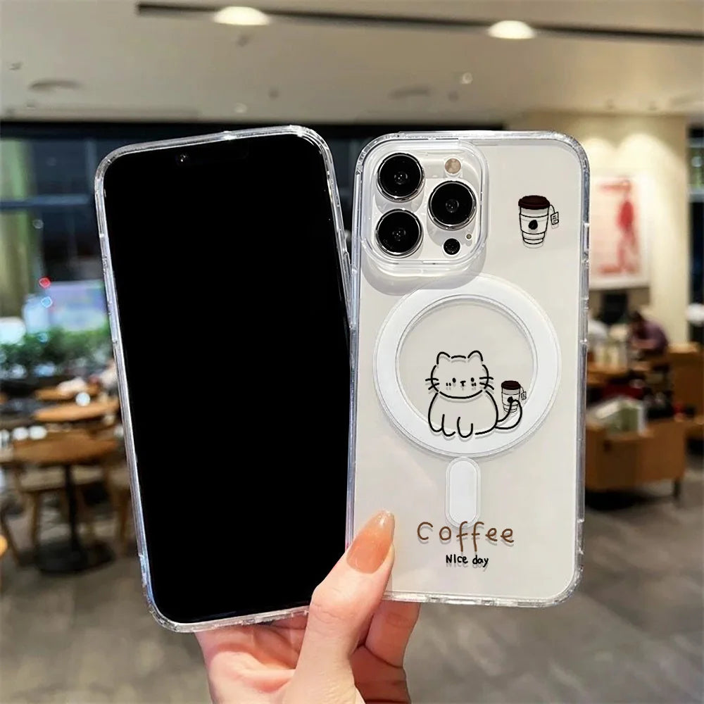 Cute Cat For Magsafe Wireless Charger Case For iPhone Magnetic Shockproof Clear Phone Cover
