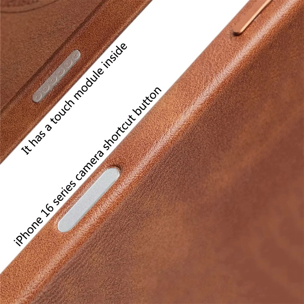 Luxury Retro Leather MagSafe iPhone Case with Magnetic Alloy Lens Cover