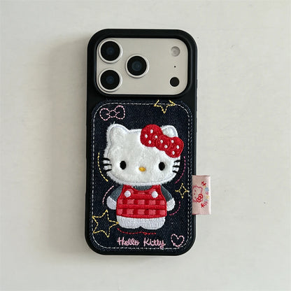 Luxury Denim Leather Pattern Cartoon Hello Kitty Case For iPhone Love Heart Stars Style Cover