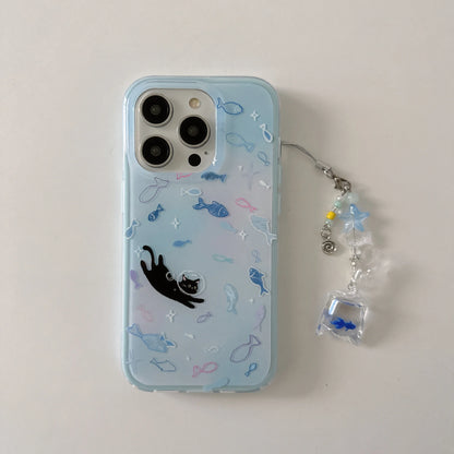Cute Dreamy Gradient Blue Fish & Astronaut Cat Phone Case with Dangle For iPhone