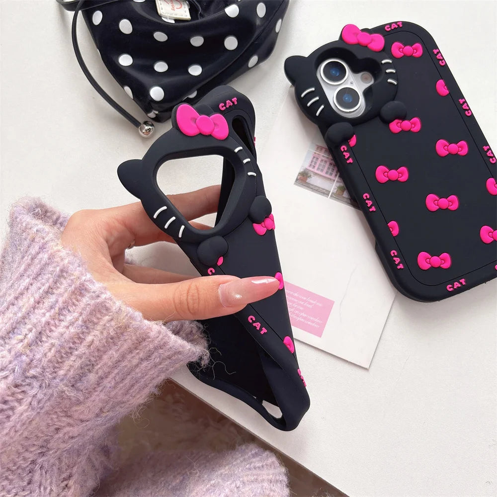 3D Cartoon Cute Bowknot Cat Camera Lens Protection Case For iPhone
