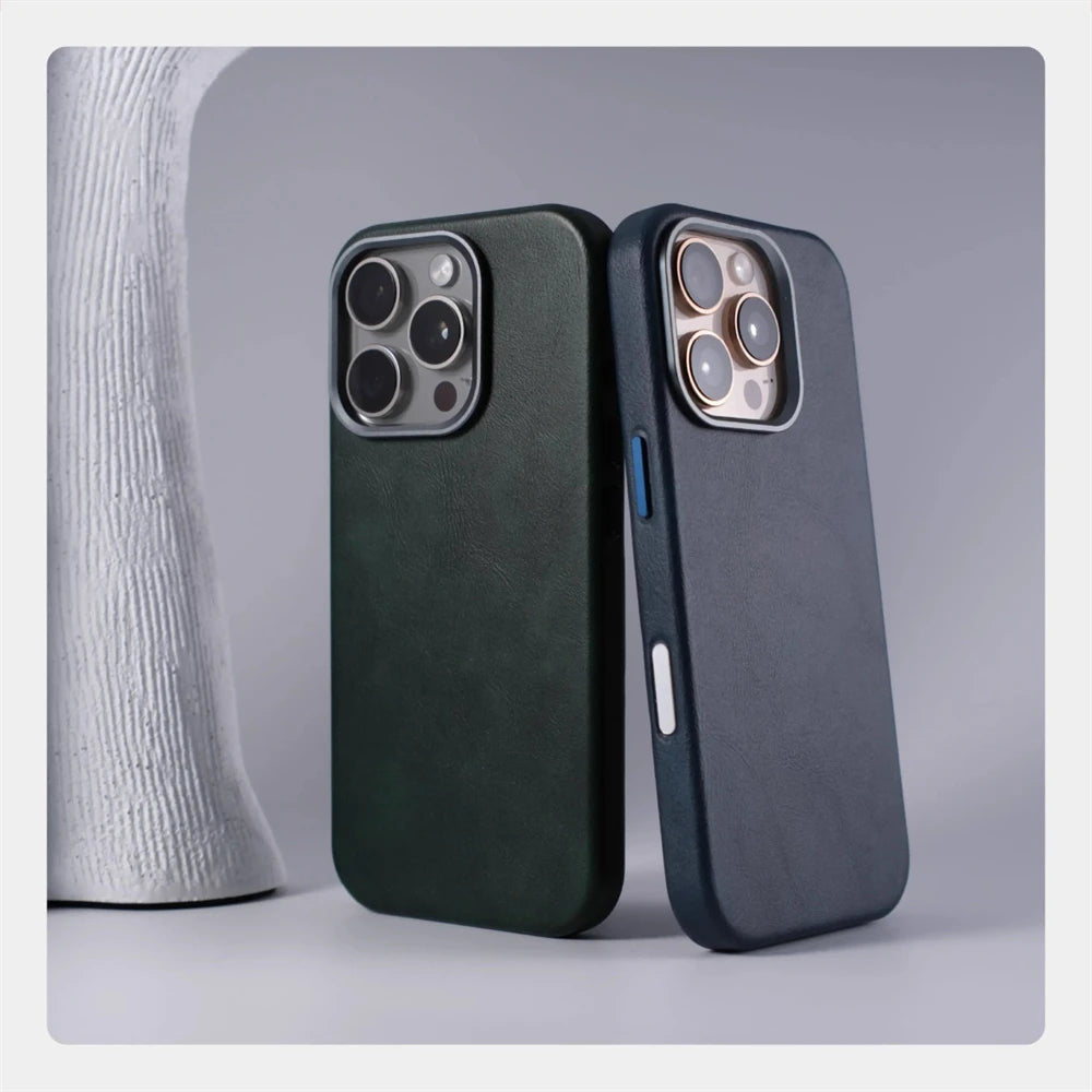 Luxury Retro Leather MagSafe iPhone Case with Magnetic Alloy Lens Cover