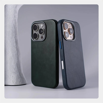 Luxury Retro Leather MagSafe iPhone Case with Magnetic Alloy Lens Cover