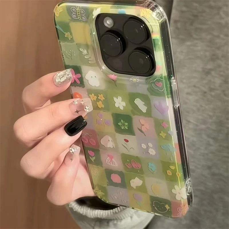 IND Green Grass Grid Pattern Broken Flower Rabbit Phone Case With Chain  For iPhone