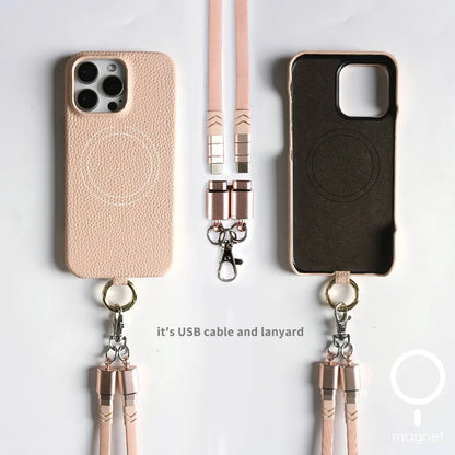 Versatile Lanyard Charging Cable Genuine Leather Phone Case For iPhone
